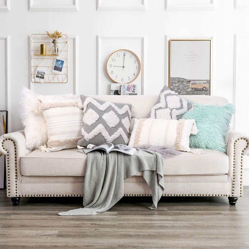 OJIA Lumbar Decorative Boho Throw Pillow Cover, 12 x 20 Farmhouse Cute Pillowcase Minimalist Neutral Collection Cream White Tufted with Tassels Woven Cushion Cover for Sofa Couch Bedroom Living Room - Image 5